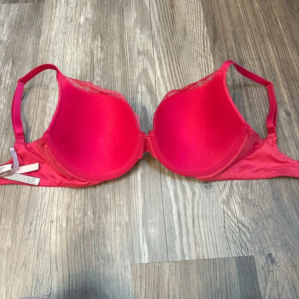 Victoria's Secret‎ Hot Pink & Gold Shine Push-Up Perfect Shape Bra Sz 32DDD Lace